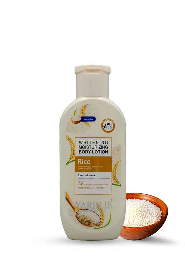 Yardlie Professional Rice Whitening Moisturizing Body Lotion – Bright, Smooth & Hydrated Skin (with rice extract bottle). Body lotion bottle with rice ingredients on a white background