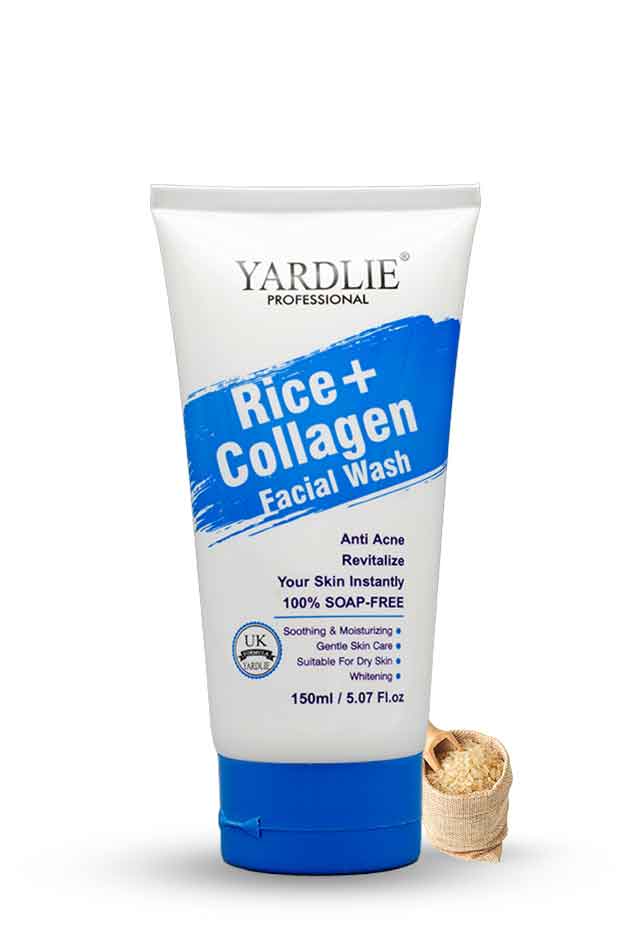 Yardlie Rice Collagen Facial Wash 150ml hydrating soap free cleanser, Tube of Yardlie Rice + Collagen Facial Wash on a white background