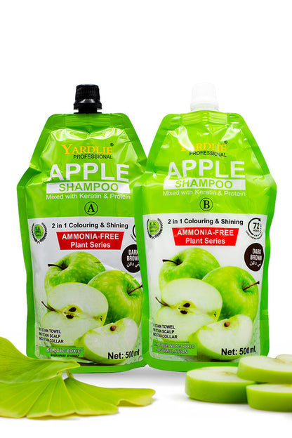 Yardlie Apple Hair Color Shampoo Dark Brown ammonia free 500ml pack,
Two green Yardlie Professional Apple Shampoo squeeze pouches displayed side by side on a white background, with sliced green apples arranged around the base.