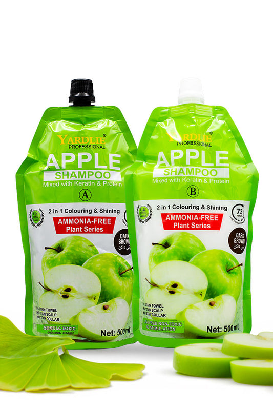 Yardlie Apple Hair Color Shampoo Dark Brown ammonia free 500ml pack,
Two green Yardlie Professional Apple Shampoo squeeze pouches displayed side by side on a white background, with sliced green apples arranged around the base.