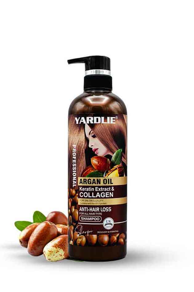 Yardlie Argan Oil Keratin Collagen Anti Hair Loss Shampoo 800g, Yardlie Argan Oil Shampoo bottle with packaging design on a white background