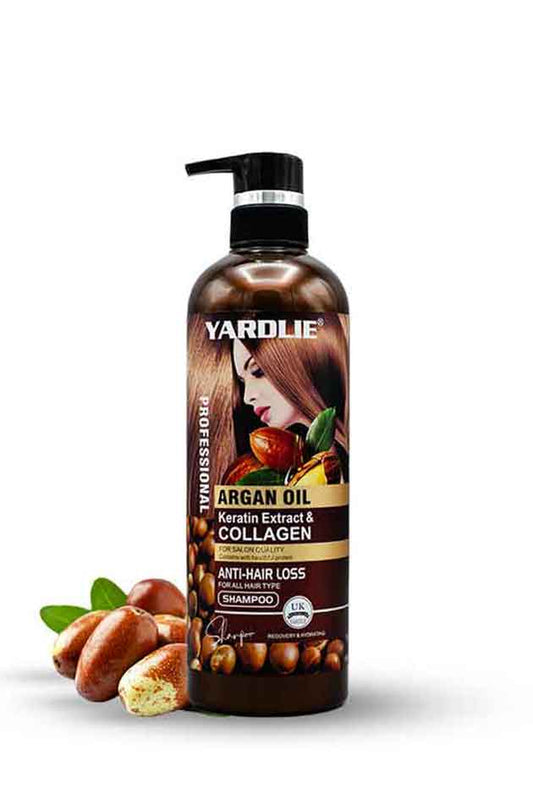 Yardlie Argan Oil Keratin Collagen Anti Hair Loss Shampoo 800g, Yardlie Argan Oil Shampoo bottle with packaging design on a white background
