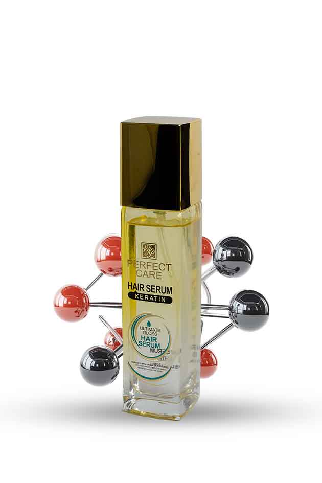 Perfect Care Hair Serum with Keratin – Smooth, Silky & Frizz-Free Hair. Hair serum bottle with molecular model on a white background