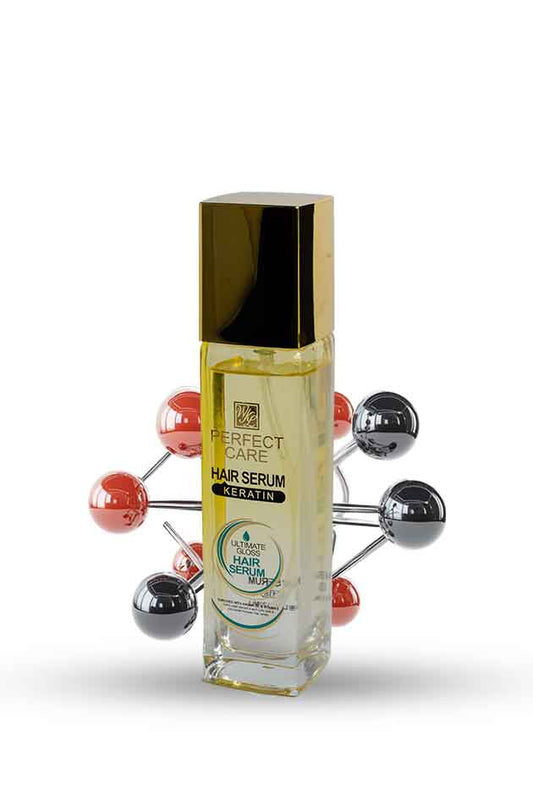 Perfect Care Hair Serum with Keratin – Smooth, Silky & Frizz-Free Hair. Hair serum bottle with molecular model on a white background