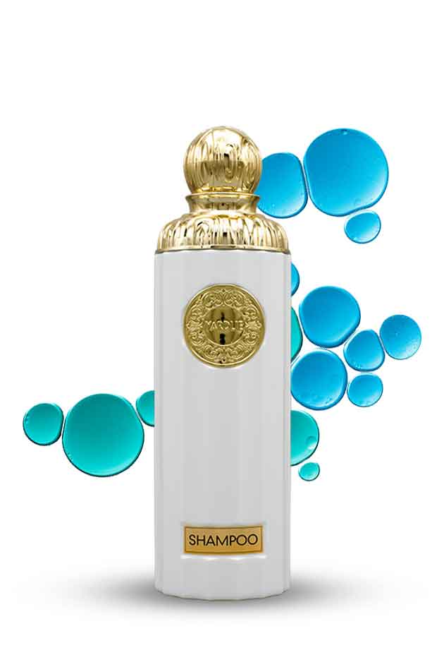 Yardlie Serum Collagen Anti Hair Loss Shampoo 600ml, Shampoo bottle with gold cap and label on a white background with blue bubbles