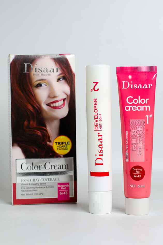 Disaar Hair Color Cream Burgundy Red 6 43 with Developer Tube. Disaar hair color cream set with packaging and tubes on a white background