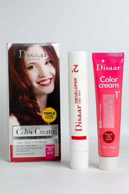 Disaar Hair Color Cream Burgundy Red 6 43 with Developer Tube. Disaar hair color cream set with packaging and tubes on a white background