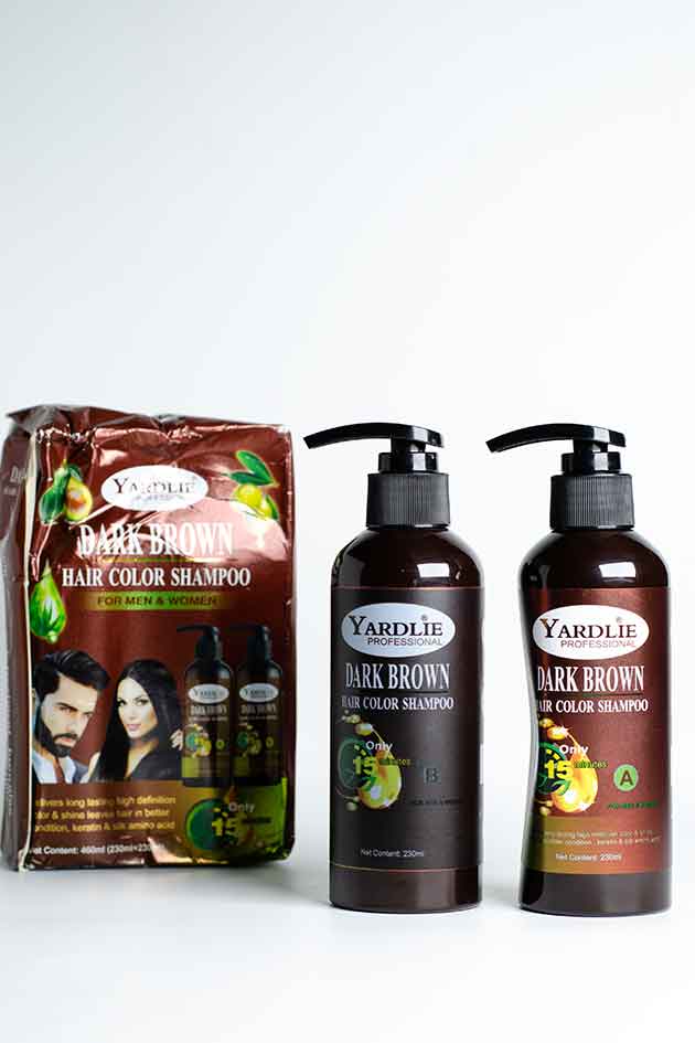 Yardlie Professional Dark Brown Hair Color Shampoo sealed bottles, Yardlie Dark Brown hair color shampoo packaging on a white background