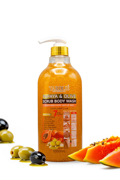 Yardlie Papaya and Olive Scrub Body Wash 1000ml bottle for smooth, soft skin,
A bottle of Yardil Abaya & Olive Scrub Body Wash with a gold cap and white pump, surrounded by sliced papayas and whole olives on a white background.