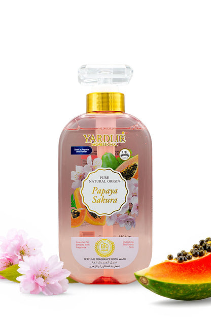 Yardlie Papaya Sakura Perfume Fragrance Body Wash 500ml bottle for soft, hydrated skin.
A bottle of Yardli Papaya Sakura perfume body wash, featuring a pink liquid inside a clear bottle with a gold cap, styled with papayas and pink blossoms on a white background.