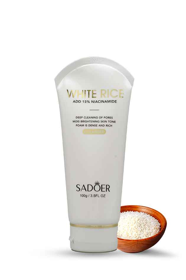 Sadoer White Rice Cleanser 100g tube with rice bowl – brightening and deep cleansing face wash with Niacinamide. Sadoer white rice facial cleanser with a small bowl of rice grains on a white background