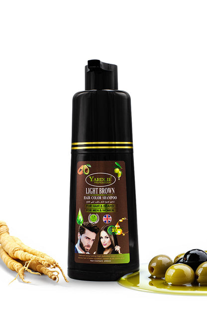 Yardlie Light Brown Hair Color Shampoo 200ml for men and women to colour hair and beard,
A bottle of Yardlie Light Brown Hair Color Shampoo centered on a white background, styled with olive branches on the left and green olives with oil on the right.
