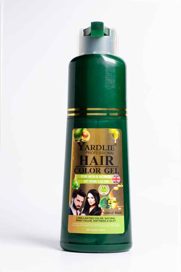 Yardlie Professional Natural Black Hair Color Gel Without Box Clearance Stock 15% Leak – 5 Minute Formula. Green bottle of Yardlie Hair Color Gel on a white background