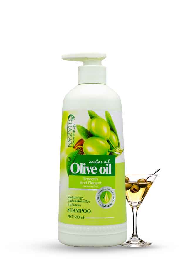 Nazyan Olive Oil & Castor Oil Shampoo 500ml bottle with green olives and elegant packaging. Olive oil shampoo bottle with a glass of olive oil on a white background