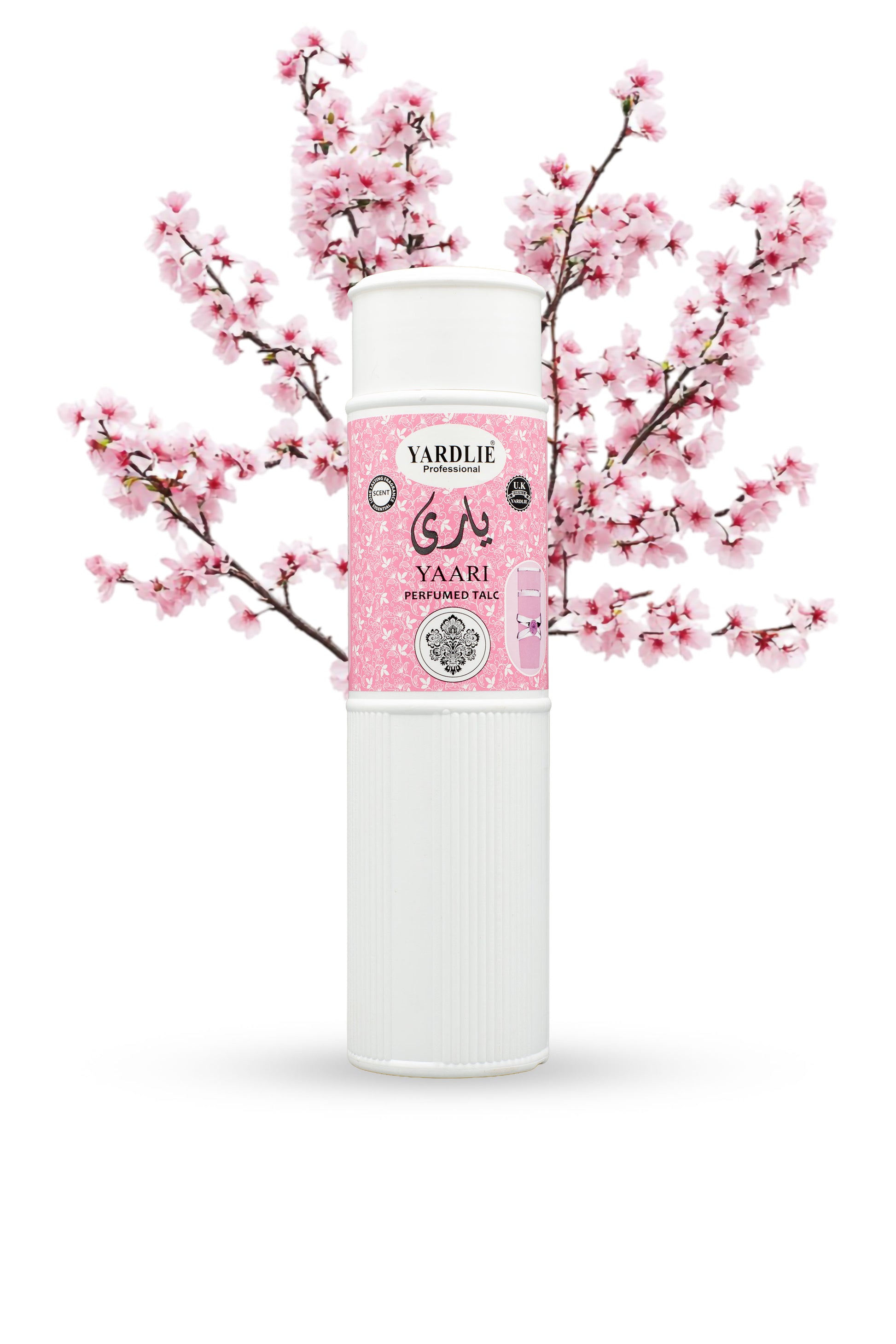 Yardlie Yaari Perfumed Talc body powder with floral fragrance, White cylindrical product with pink label and floral decoration on a white background