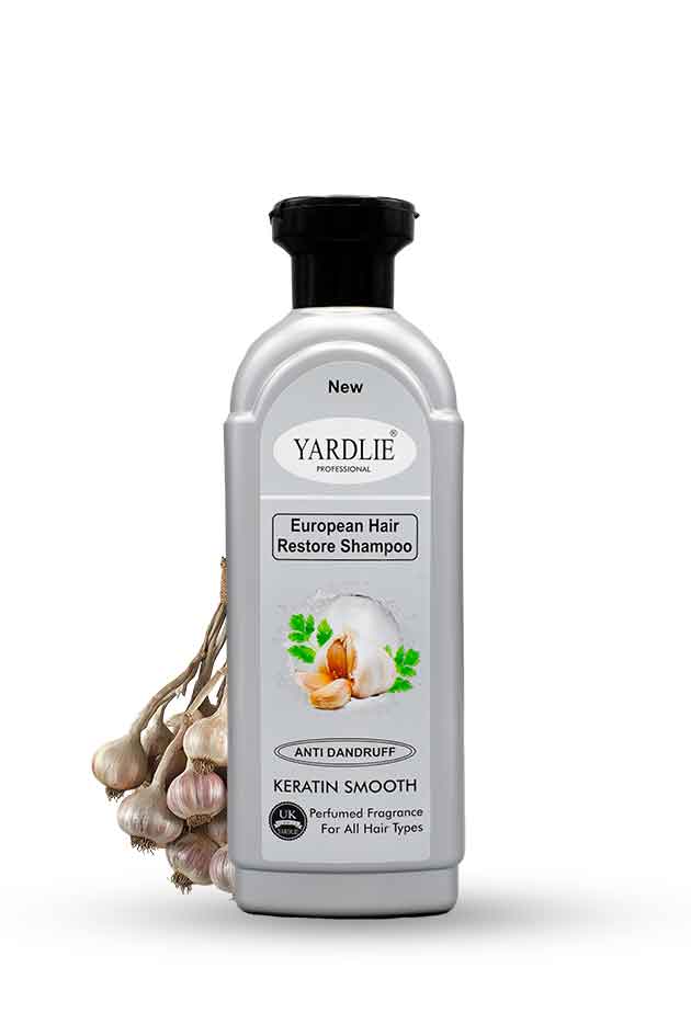 Yardlie Garlic & Argan Keratin Smooth Shampoo 400ml – Anti-Dandruff Hair Restore. Yardlie European Hair Restore Shampoo bottle on a white background