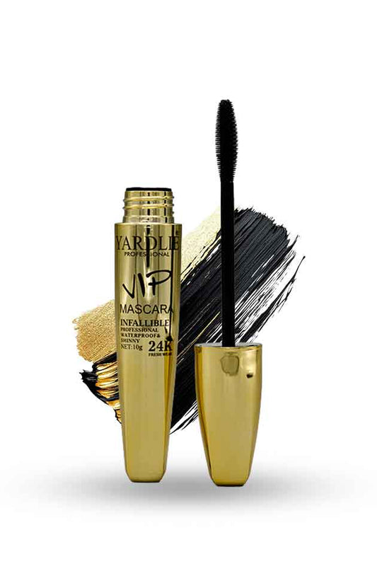 Yardlie VIP Infallible Waterproof Mascara 24K Fresh Wear 10g, Gold mascara with black applicator on a white background