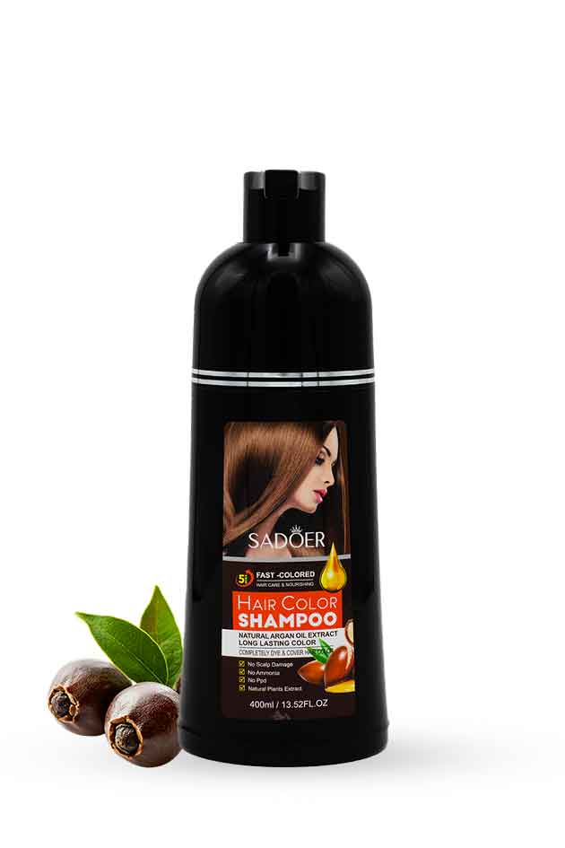 Sadeer hair color shampoo bottle with leaves on a white background