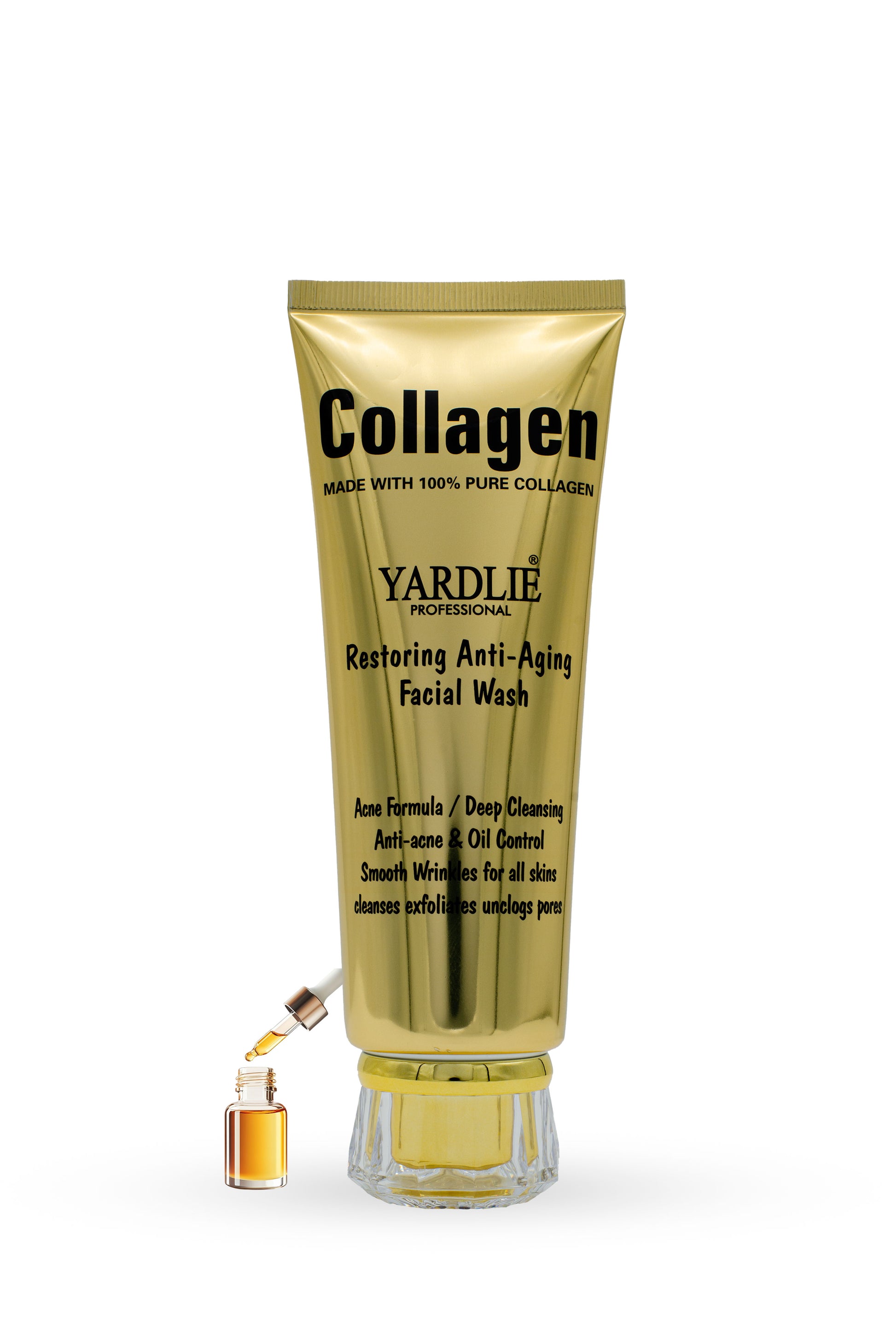 Gold tube of Yardlie Collagen Facial Wash with dropper on a white background