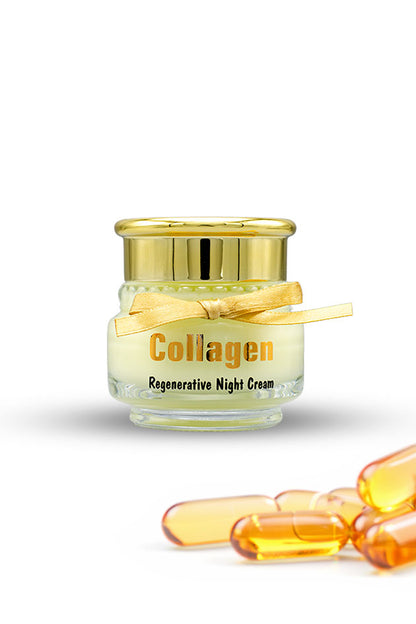 A small clear cosmetic jar labeled 'Collagen Regenerative Night Cream' with a gold lid and a gold ribbon bow, shown on a white background with several translucent orange-yellow capsules in the foreground.