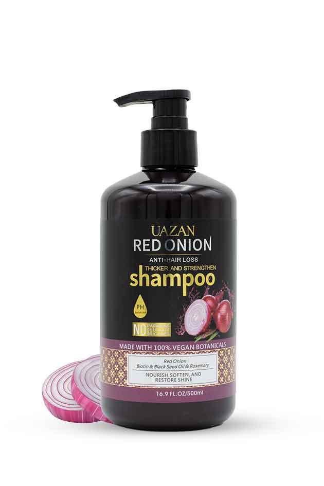 UAZAN Red Onion Shampoo 500 ml – Anti-Hair Loss & Strengthening Formula with Biotin and Black Seed Oil. UAZAN Red Onion shampoo bottle with packaging on a white background