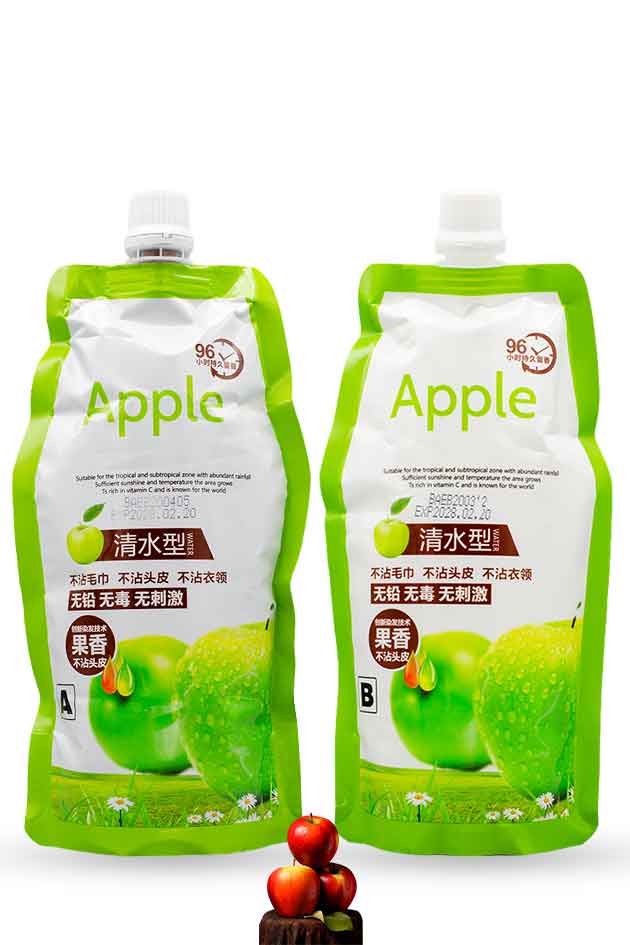 Apple dark brown hair color cream pouch pack with A and B parts. Two green Apple brand cleaning products with a small fruit decoration at the bottom.