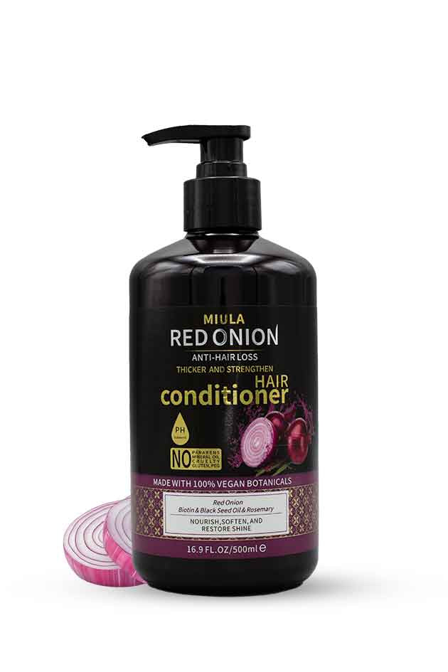Miula Red Onion Hair Conditioner 500 ml – Anti-Hair Loss & Strengthening Formula with Biotin and Black Seed Oil. Hair conditioner bottle with red onion label on a white background