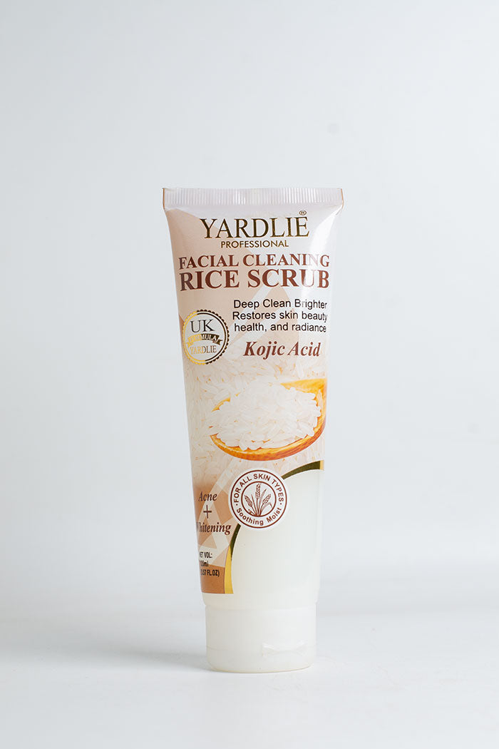 Yardlie Professional Facial Cleaning Rice Scrub with Kojic Acid stock clearance packaging, Tube of Yardlie Facial Cleansing Rice Scrub on a white background