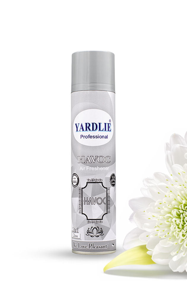 Yardlie Havoc Air Freshener 2 in 1 300ml room spray can in Pakistan,
A can of Yardlie Professional Havoc Air Freshener, shown next to a white flower on a clean white background.
