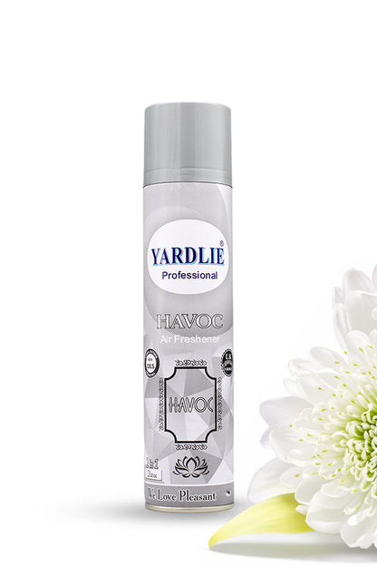 Yardlie Havoc Air Freshener 2 in 1 300ml room spray can in Pakistan,
A can of Yardlie Professional Havoc Air Freshener, shown next to a white flower on a clean white background.