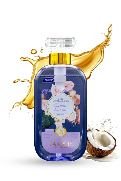 Yardley Coconut Nail Oil bottle with coconut and floral design on a white background