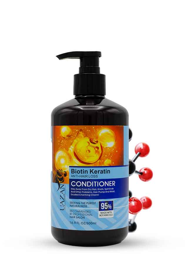 UAZAN Biotin Keratin Anti-Hair Loss Conditioner 500 ml – Strengthening & Repairing Formula with 95% Natural Botanicals. Biotin Keratin conditioner bottle with pump on a white background