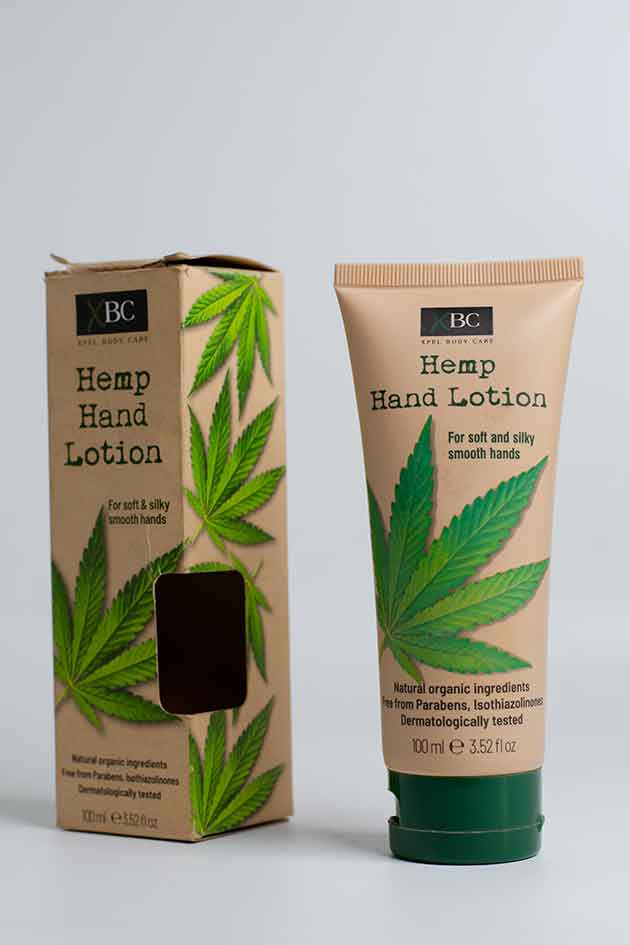 XBC Hemp Hand Lotion – Natural Moisturizing Cream for Soft, Silky & Smooth Hands | Stock Clearance. Hemp hand lotion with packaging on a light gray background