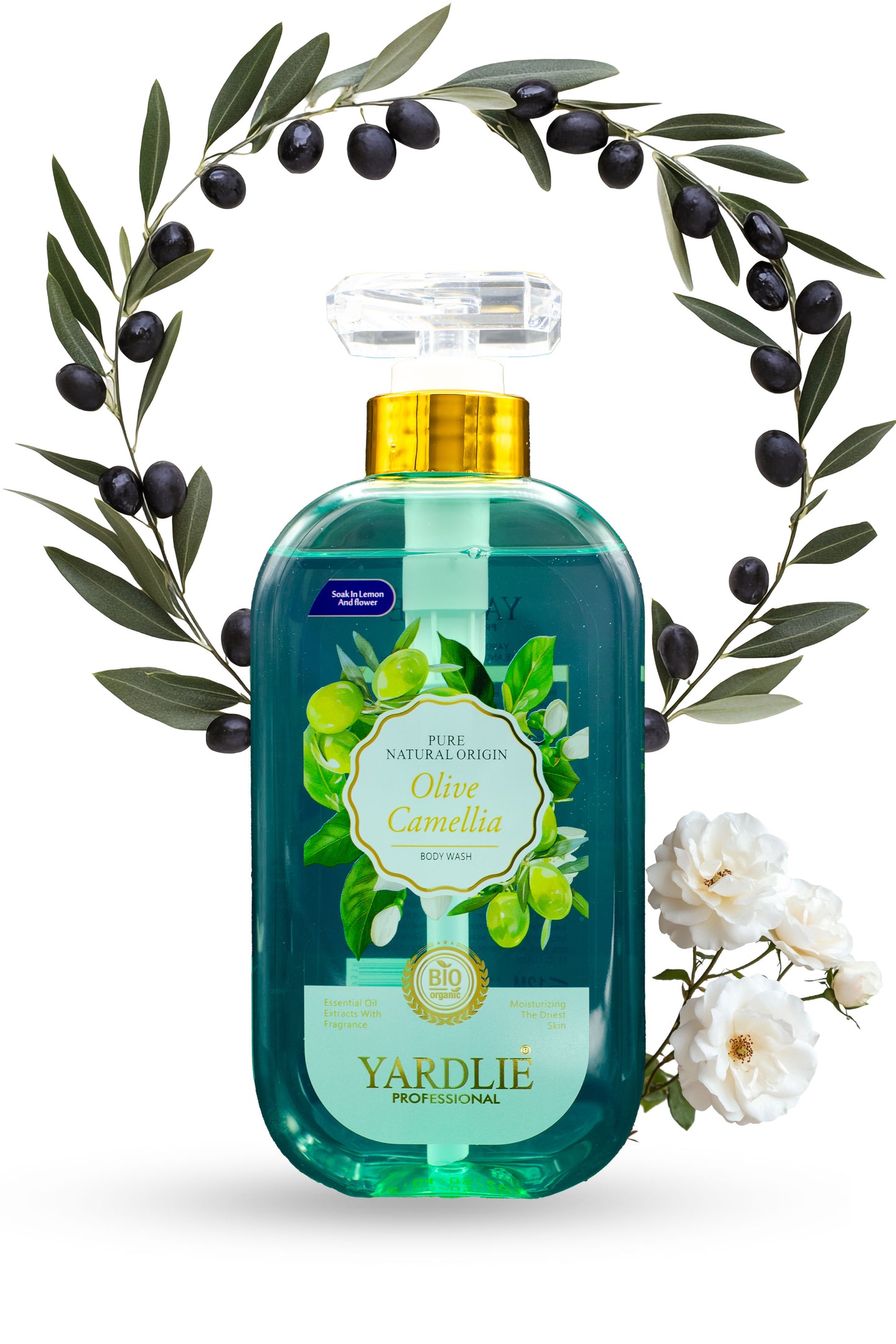 Yardlie olive camomile bottle with olive branches and flowers on a white background