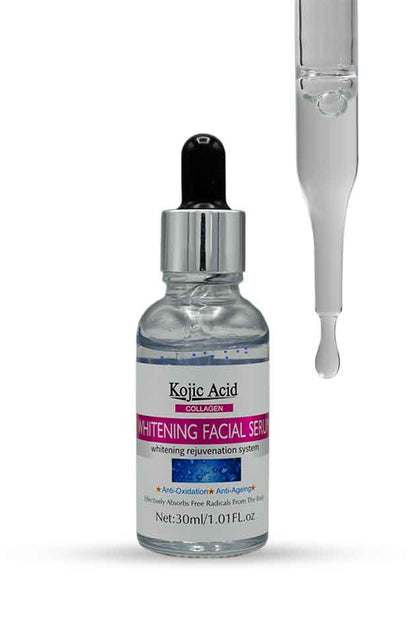 Kojic Acid Collagen Whitening Facial Serum 30ml brightening face serum, Kojic Acid Whitening Facial Serum bottle with dropper on a white background