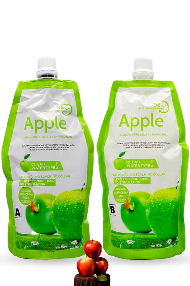 Apple Ammonia-Free Clear Water Hair Dye Cream – Natural Black 1000ml duo (Pouch A & B). Two green apple-themed pouches with branding on a white background