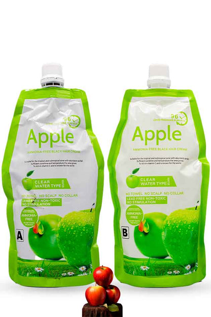Apple Ammonia-Free Clear Water Hair Dye Cream – Natural Black 1000ml duo (Pouch A & B). Two green apple-themed pouches with branding on a white background