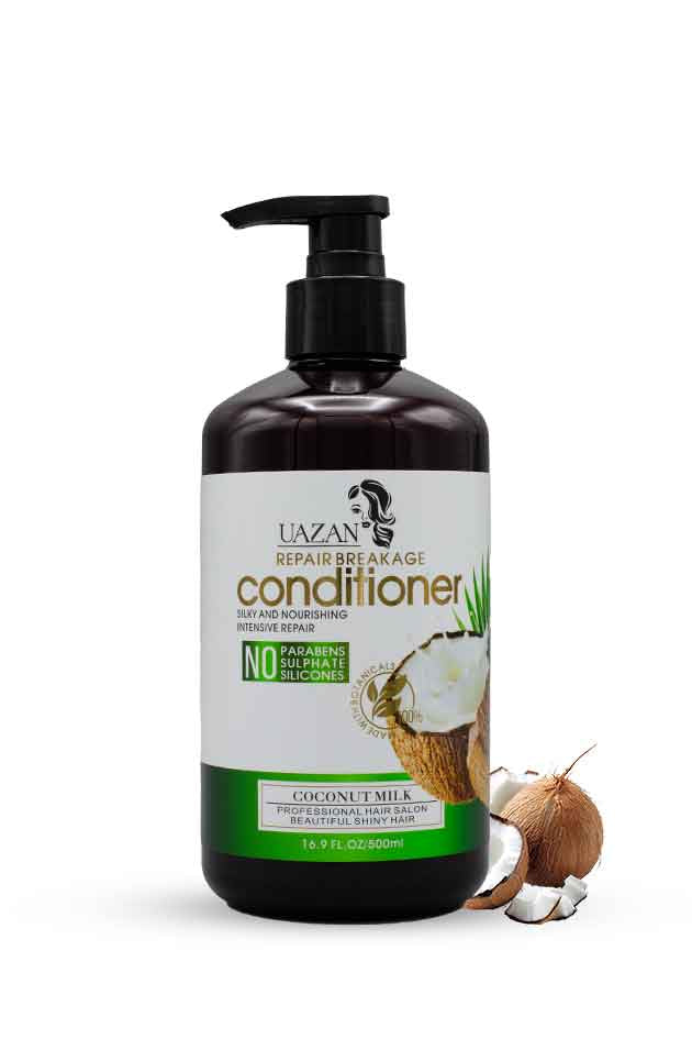 UAZAN Coconut Milk Hair Conditioner 500 ml – Repair Breakage & Deep Moisturizing Formula for Dry, Damaged Hair. Uazan conditioner bottle with coconut milk label on a white background