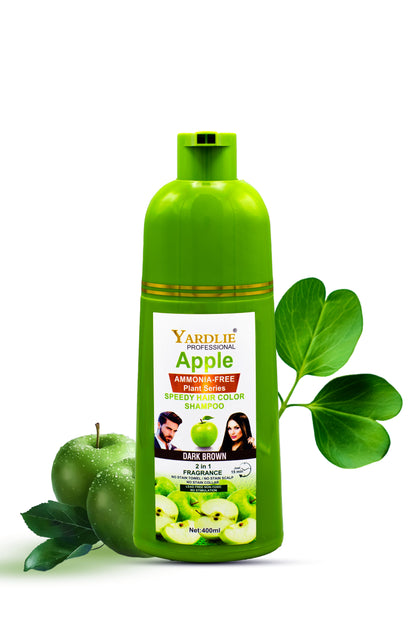 Green Yardlie Apple shampoo bottle with apple and leaf elements on a white background