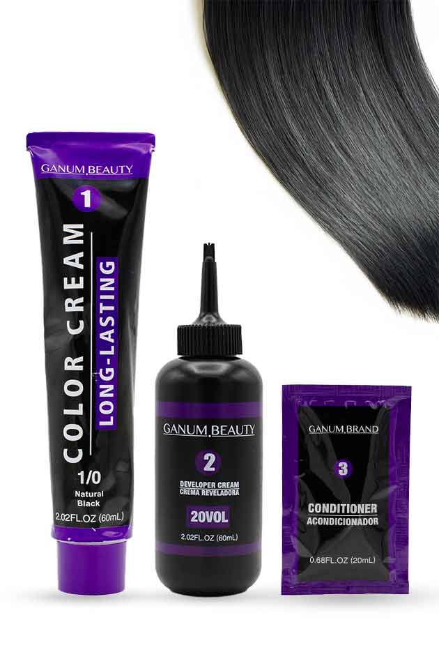 Natural Black 1/0 hair color cream by Ganum Beauty on white background. Ganum Beauty hair color kit with color cream, developer, and conditioner on a white background.
