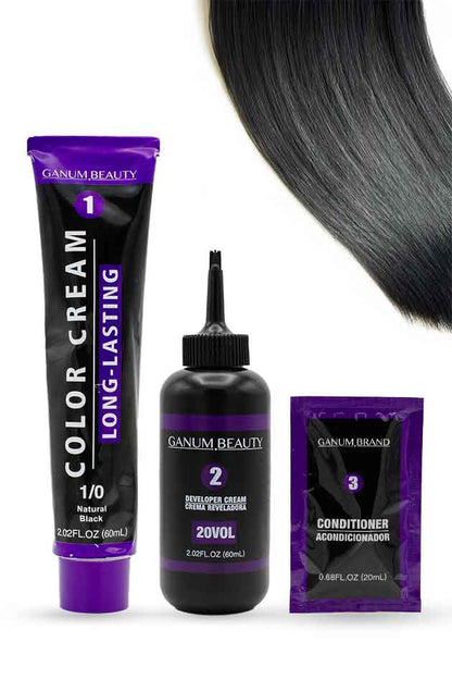 Natural Black 1/0 hair color cream by Ganum Beauty on white background. Ganum Beauty hair color kit with color cream, developer, and conditioner on a white background.