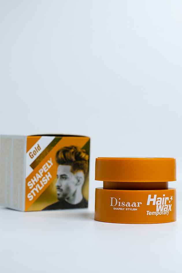 Disaar Gold Temporary Hair Wax for Men – Shapely Stylish Washable Formula. Hair wax jar with packaging on a white background