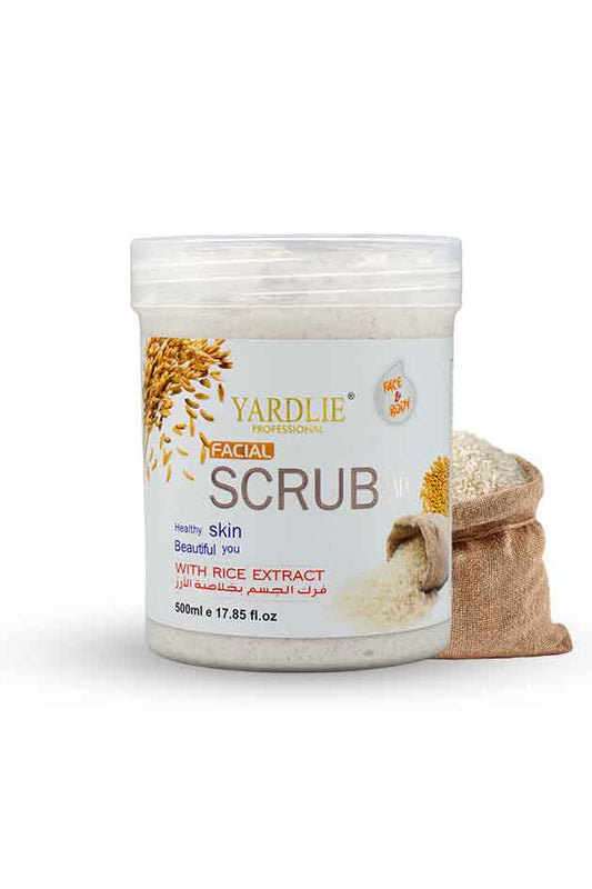 Yardlie Facial Rice Scrub Face and Body Exfoliator 500ml with Rice Extract, Yardlie Facial Scrub container with rice extract on a white background