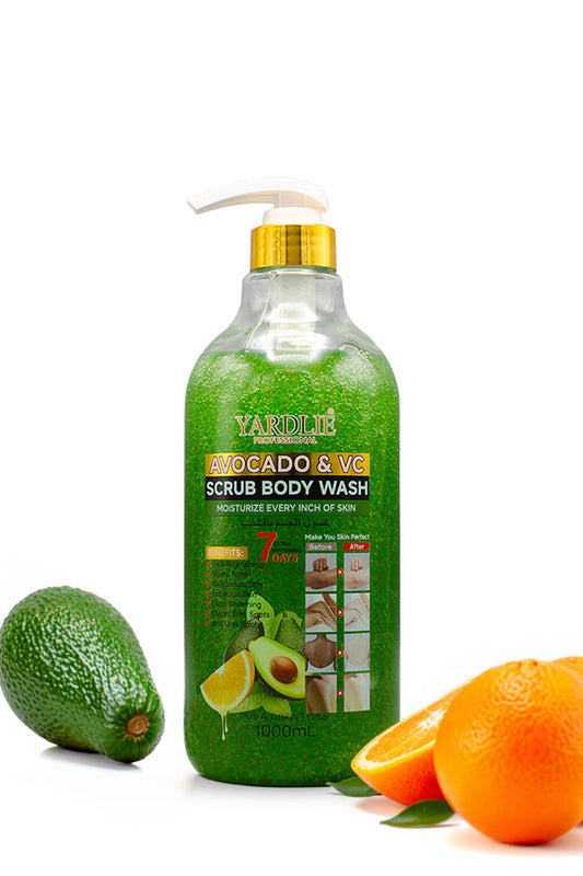 Yardlie Avocado and Vitamin C Scrub Body Wash 1000ml bottle for smooth, soft skin,
A bottle of Yardolie Avocado & VC Scrub Body Wash with a green gel-like appearance, displayed on a white background with an avocado on the left and sliced oranges on the right.