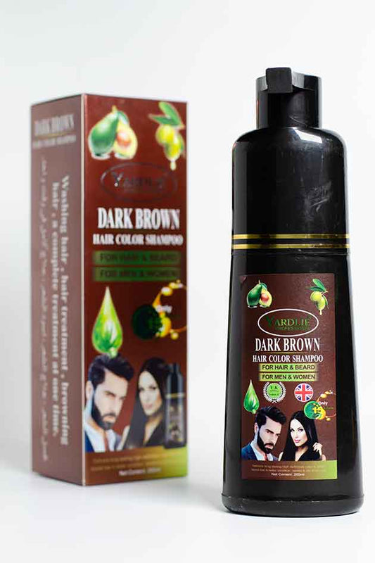 Yardlie Hair Color Shampoo 200ml Dark Brown – Slightly Leaked Stock Clearance Product. Dark brown hair color shampoo bottle and packaging on a white background