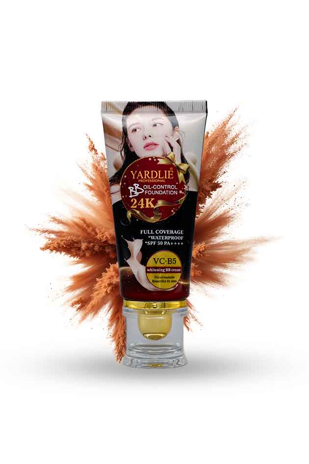 Yardlie VC B5 BB Cream Foundation 24K Oil Control SPF 50, Yardlie makeup product with decorative pampas grass on a white background