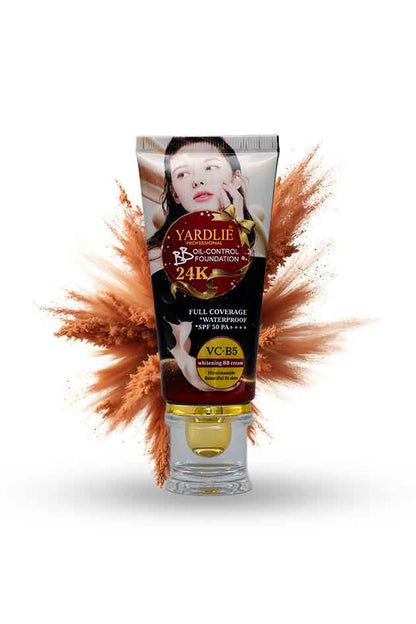 Yardlie VC B5 BB Cream Foundation 24K Oil Control SPF 50, Yardlie makeup product with decorative pampas grass on a white background