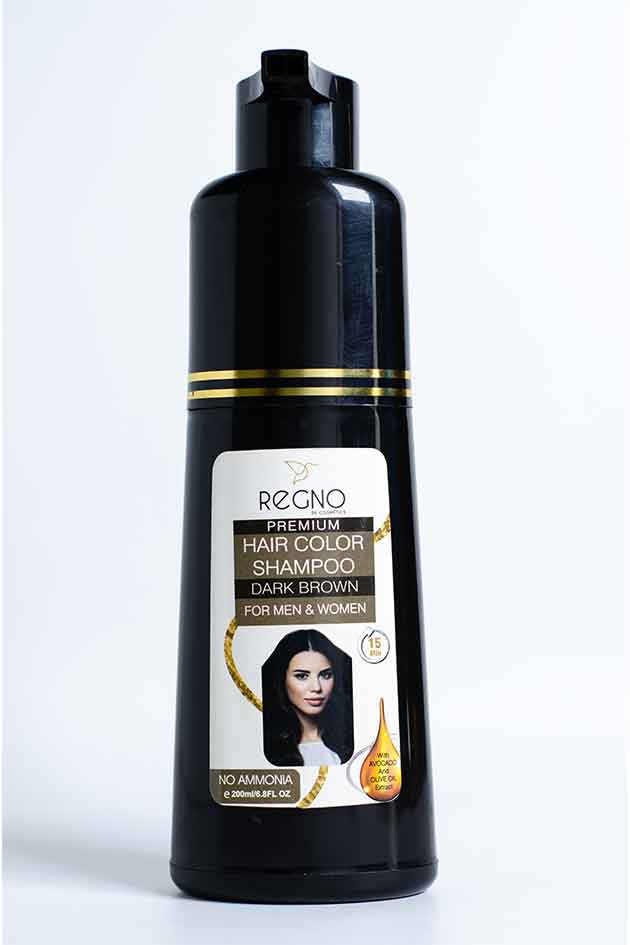 Regno Premium Dark Brown Hair Color Shampoo bottle – stock clearance, no box, slight leakage. Black hair color shampoo bottle with a label on a white background