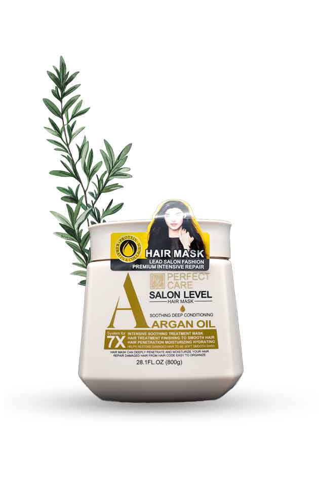 Hair mask container with argan oil label and a plant on a white background