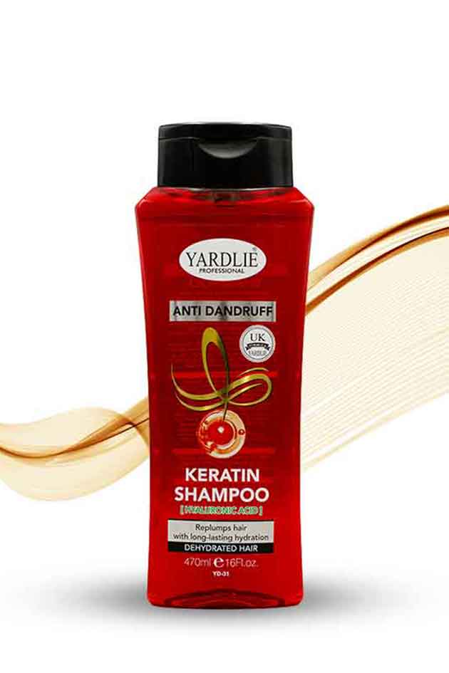 Yardlie Keratin Anti Dandruff Shampoo Hyaluronic Acid 470ml, Red shampoo bottle with black cap on a white background, Red shampoo bottle with black cap labeled 'Yardley' on a white background